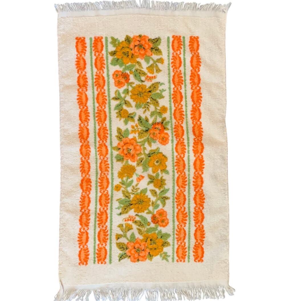 Vtg Cannon 70s Floral Bath Hand Dish Towel Orange Green Yellow Fringe Cotton 1